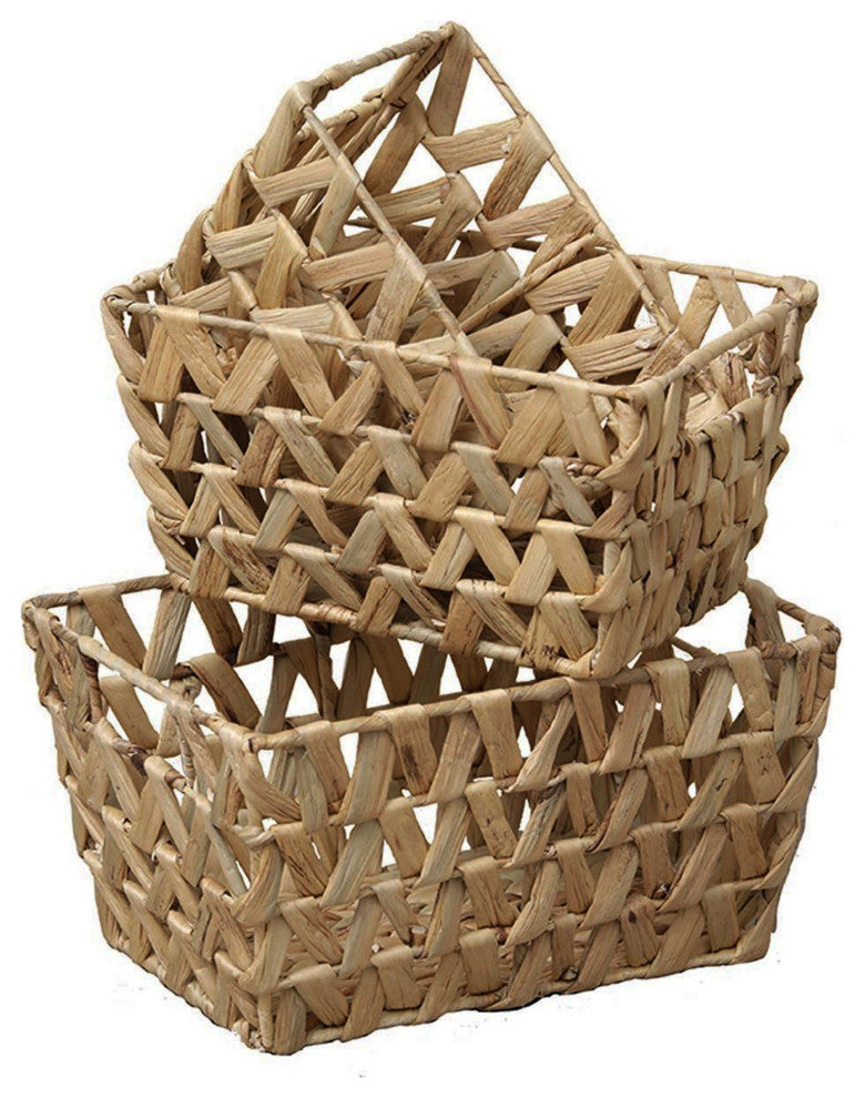 Rectangular Braided Water Hyacinth Baskets With Handles Natural Set of 3, Flared