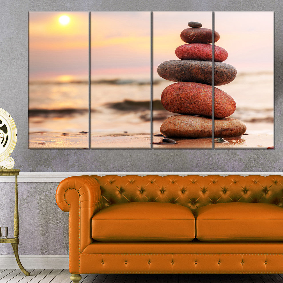 Stones Pyramid on Sand Symbolizing Zen, Landscape Canvas Art, 48"x28", 4 Panels