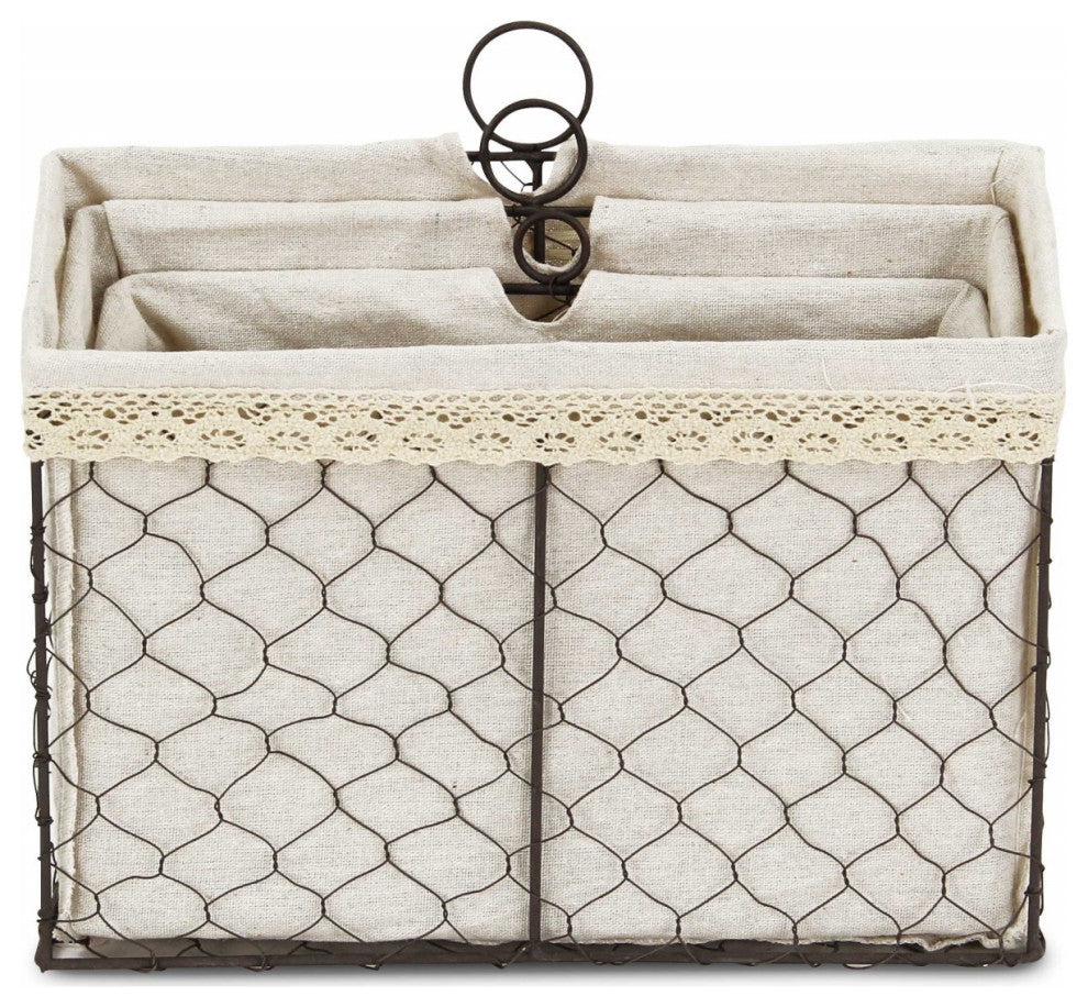 3-Piece Set Brown Linen Fabric and Line Metal Organizers