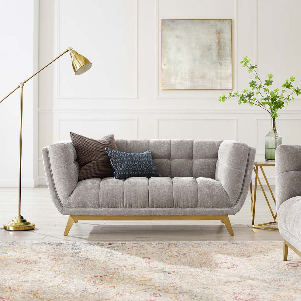 Loveseat Sofa, Velvet, Gray, Modern, Living Lounge Hotel Lobby Hospitality