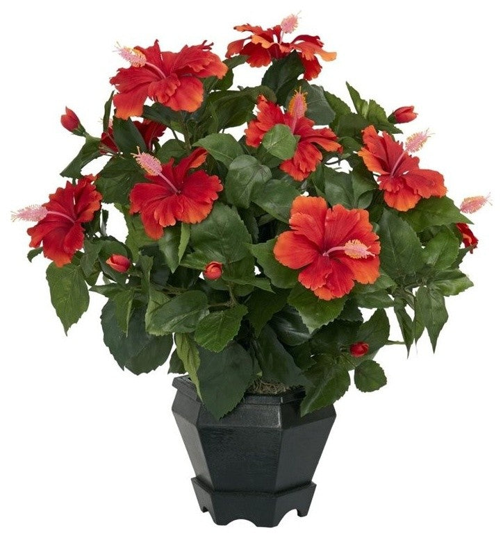 Hibiscus With Black Hexagon Vase Silk Plant