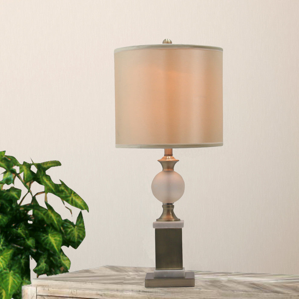 Regency Frosted Glass Urn Table Lamp, Antique Brass & White Marble