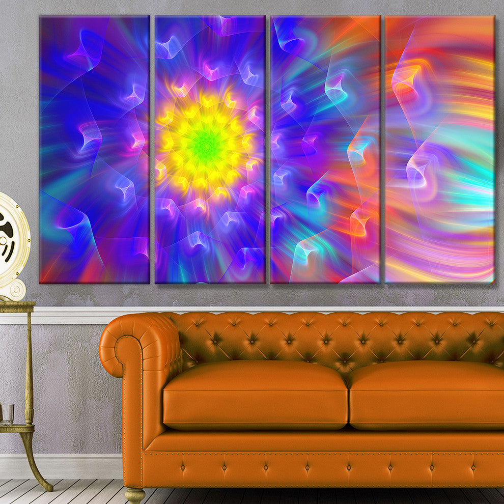 Bright Blue Fractal Petals Dandelion, Floral Canvas Art Print, 48"x28", 4 Panels