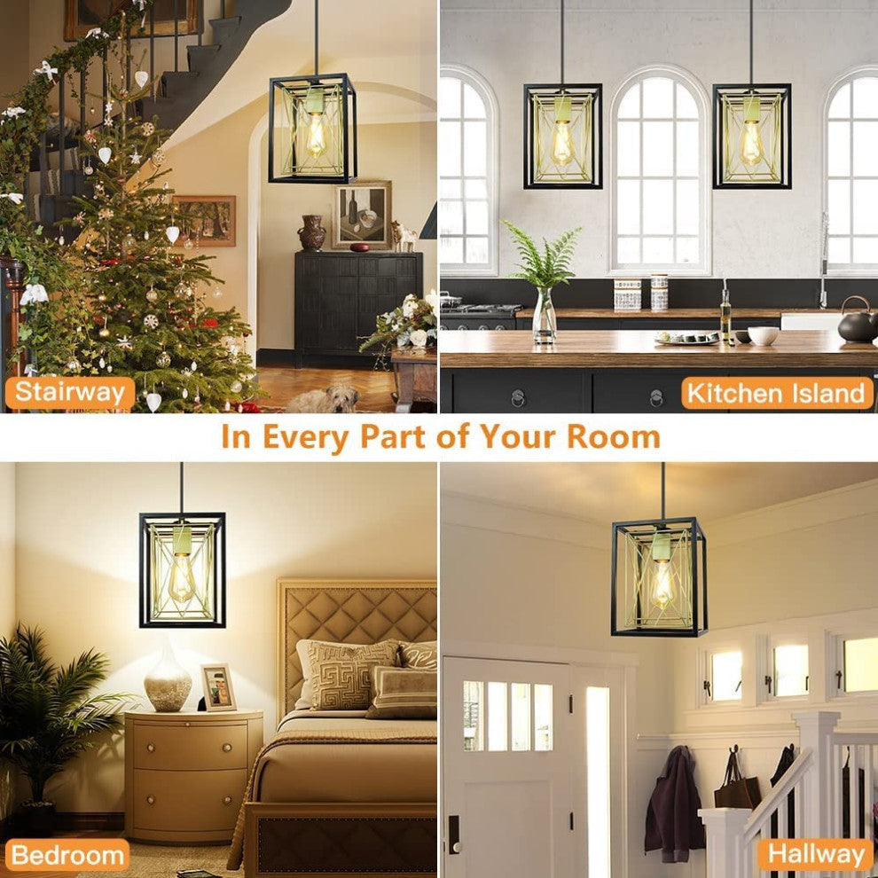 Adjustable Black and Gold Pendant Light Industral Cage Hanging Lighting