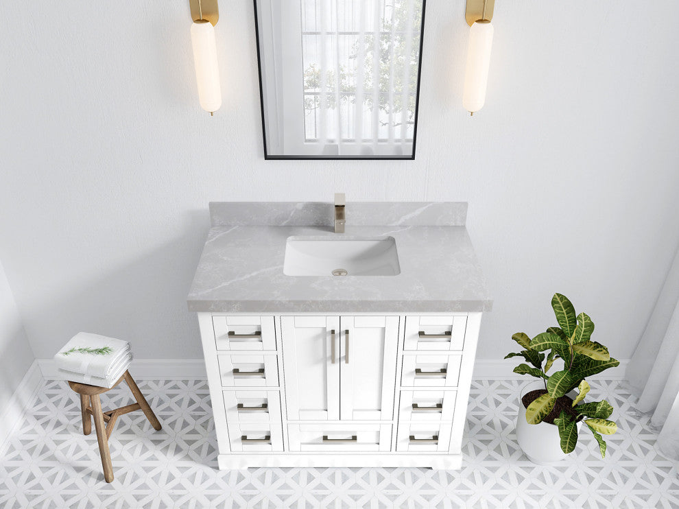 Boston 42 Single Sink Bath Vanity in White 2" Pearl Gray