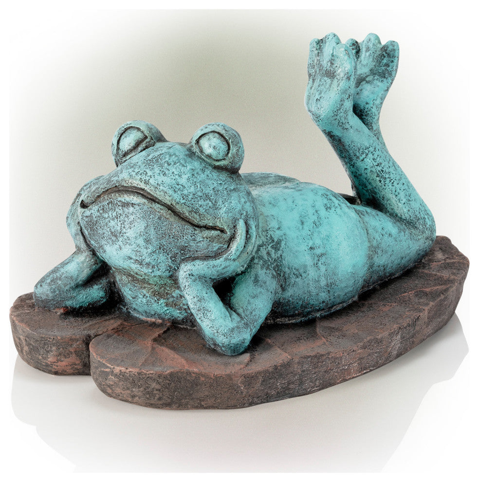 Alpine Frog Laying Down on a Leaf Statue, 8"Tall