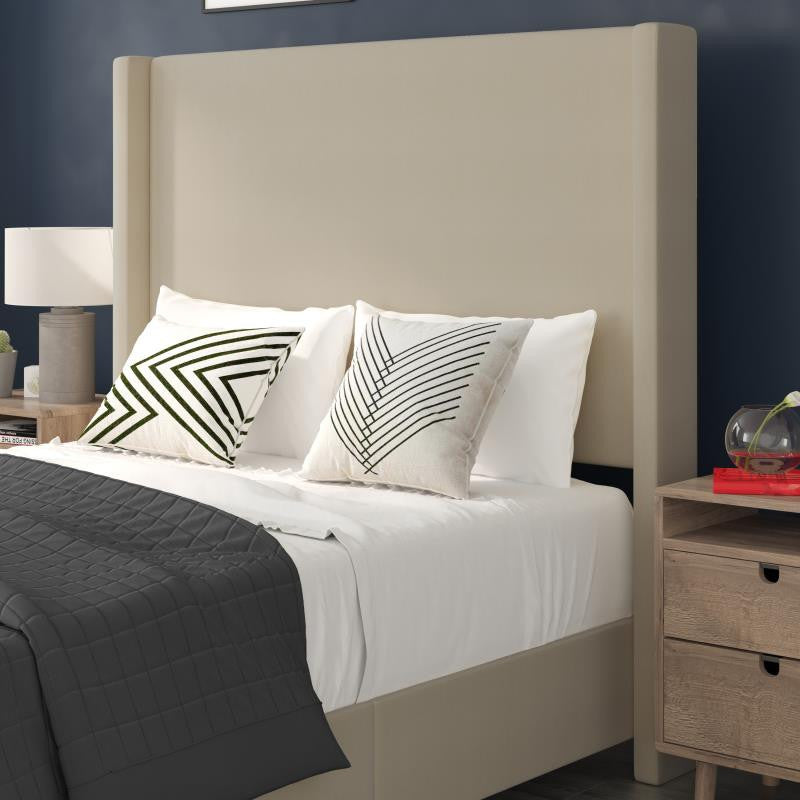 Quinn Upholstered Platform Bed with Channel Stitched Wingback Headboard, Beige, Full