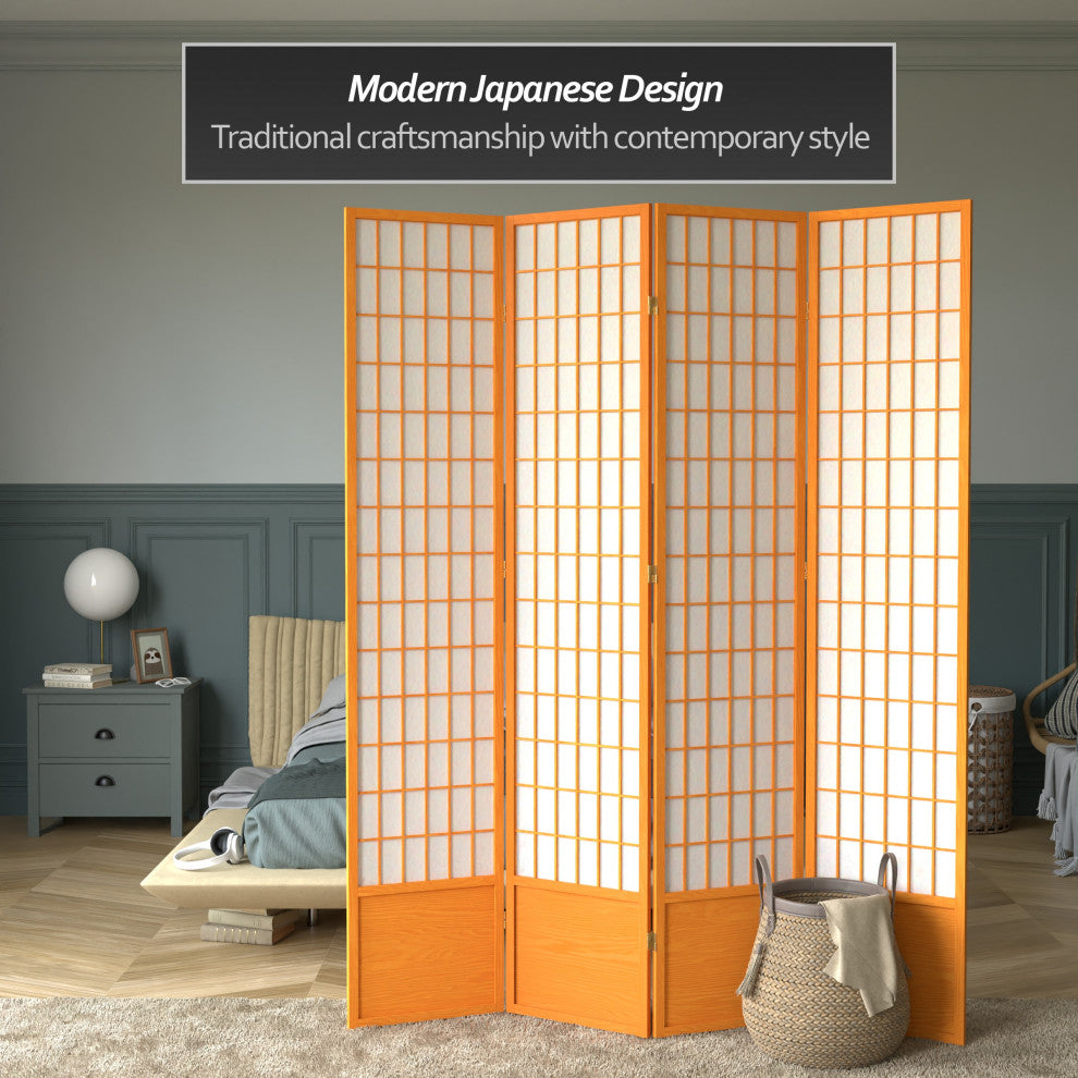 7' Tall Window Pane Shoji Screen, Honey, 4 Panels