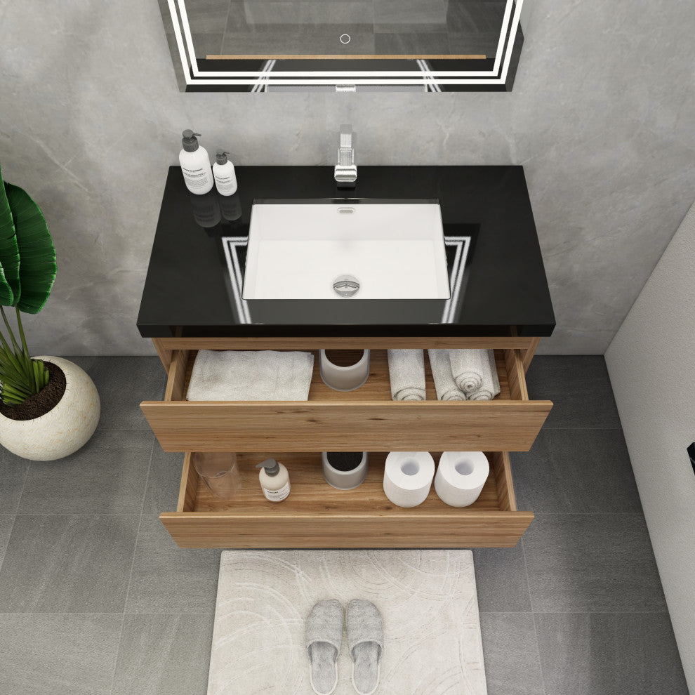 Belli 36" Wall Mounted Single Bathroom Vanity Set, Natural Oak, Matt Black Top