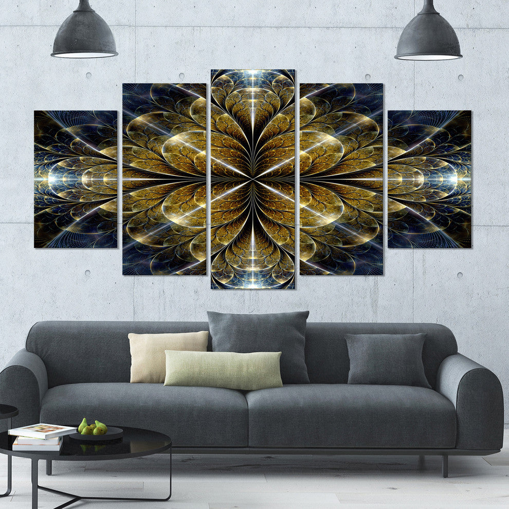 Digital Gold Fractal Flower Pattern, Abstract Wall Art Canvas, 60"x32", 5 Panels