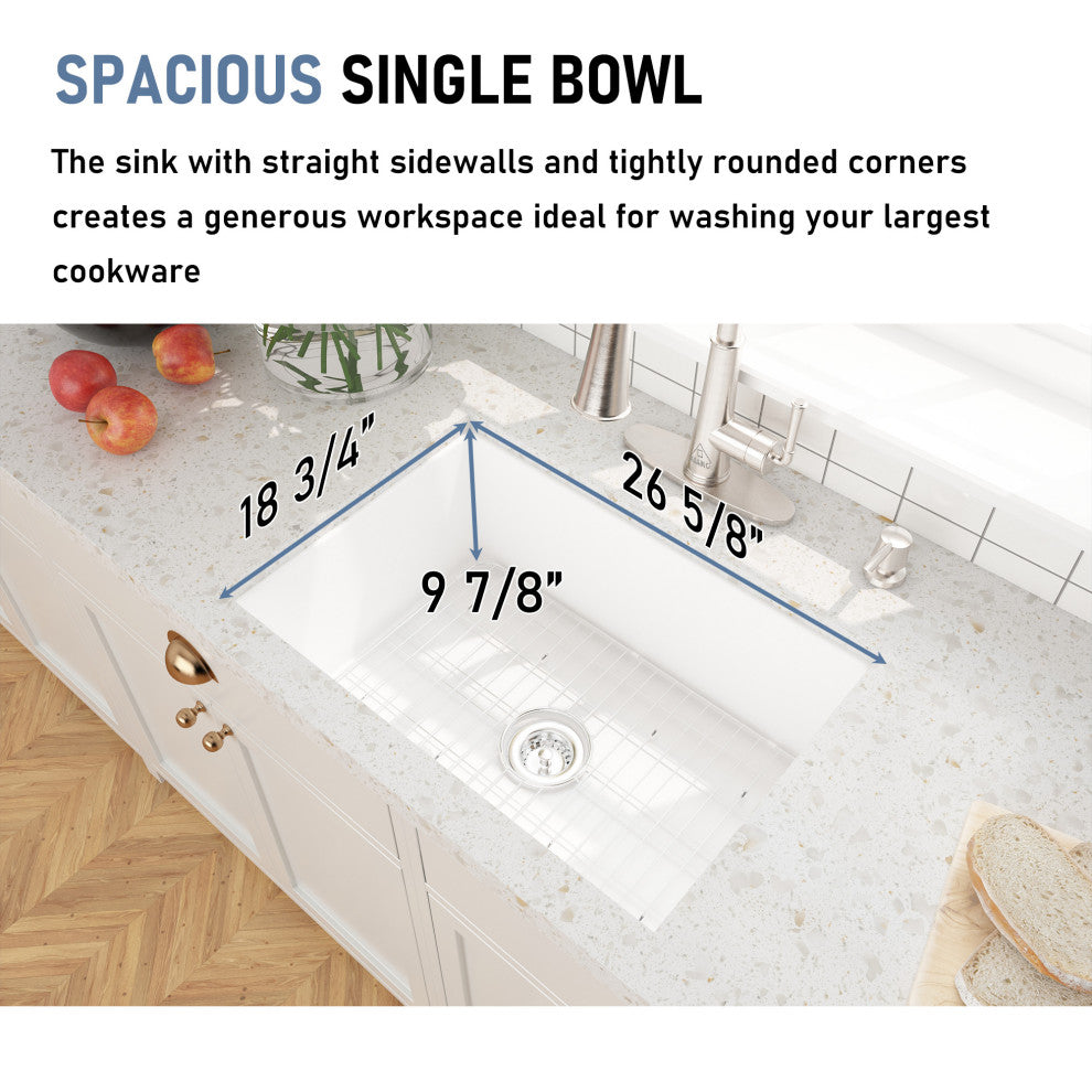 27in Undermount Single Bowl Fireclay Kitchen Sink with Grid and Drainer, Glossy White