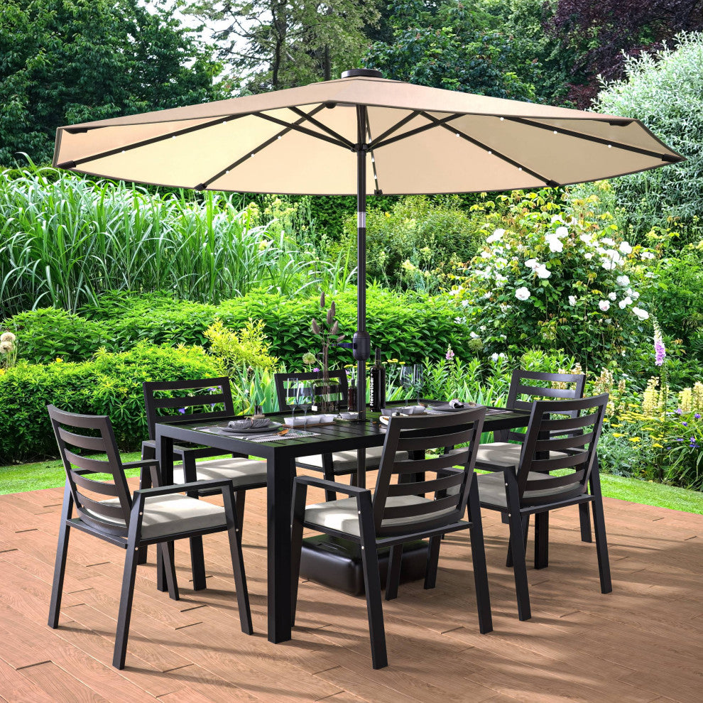 LeisureMod Chelsea Modern 7-Piece Outdoor Dining Set, Black Aluminum, Beige