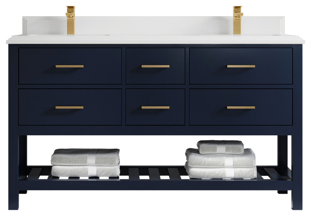 Parker 60 Double Sink Bathroom Vanity in Navy Blue  1.5" White Quartz