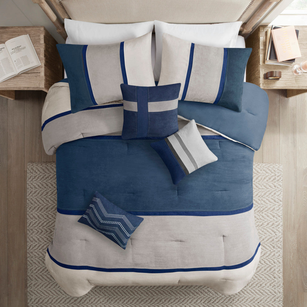 Madison Park Palisades Palizzate Suede 7-Piece Comforter Set, Black, Blue, King