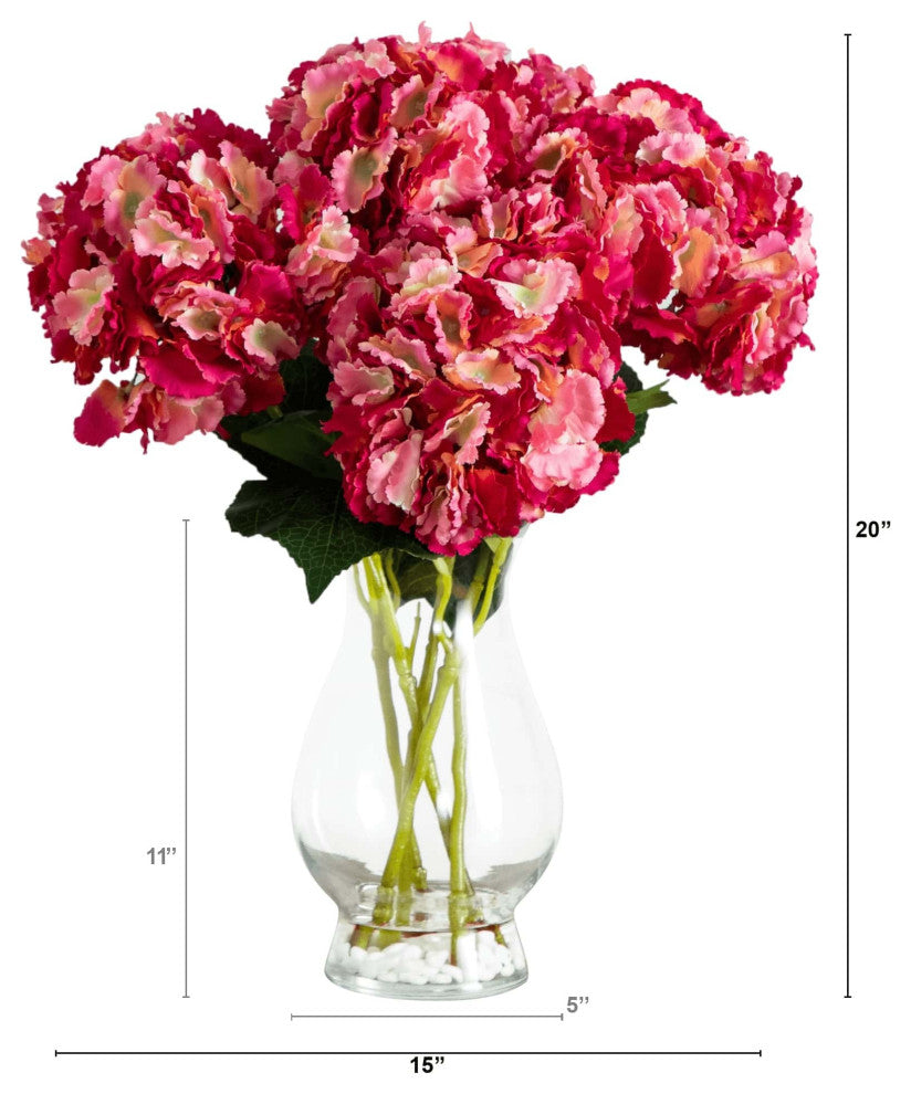 20" Artificial Hydrangea Arrangement, Glass Vase, Pink