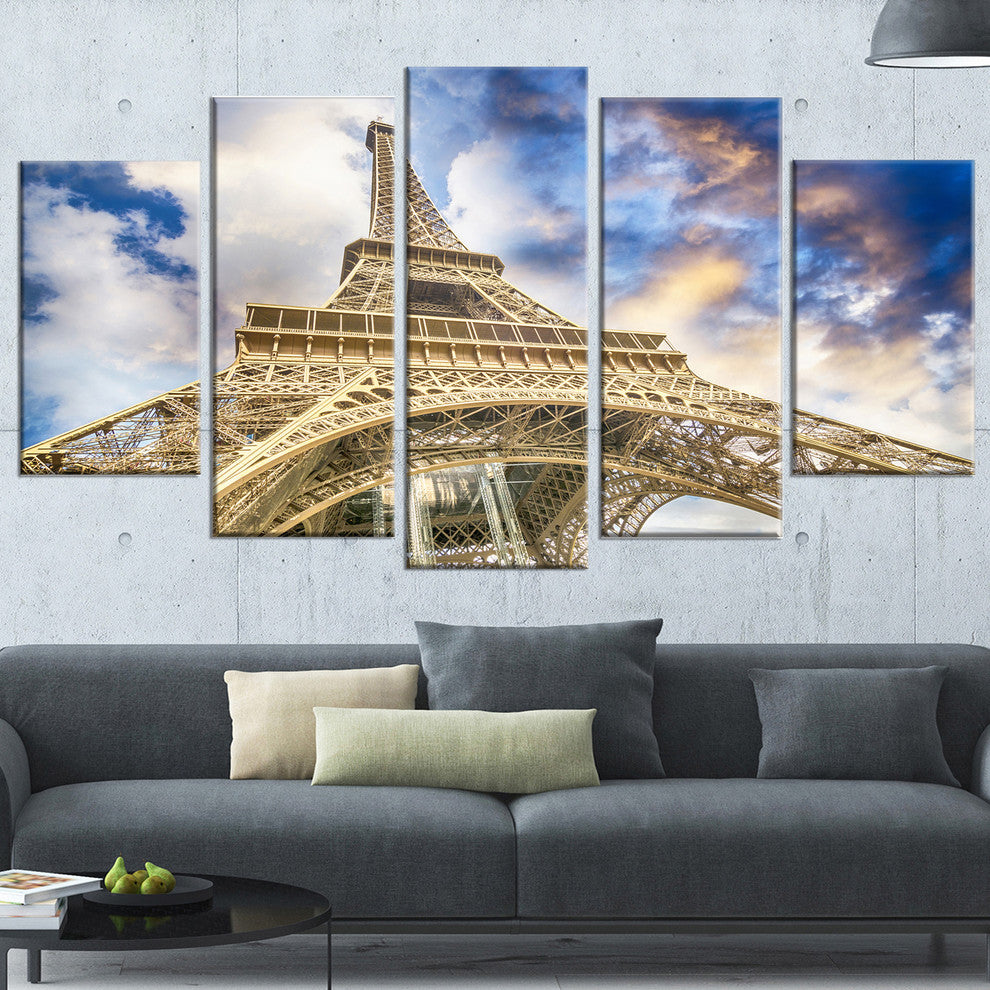 "Dramatic Sky Over Ground View Paris Eiffel Tower" Wall Art, 60"x32", 5-Panels
