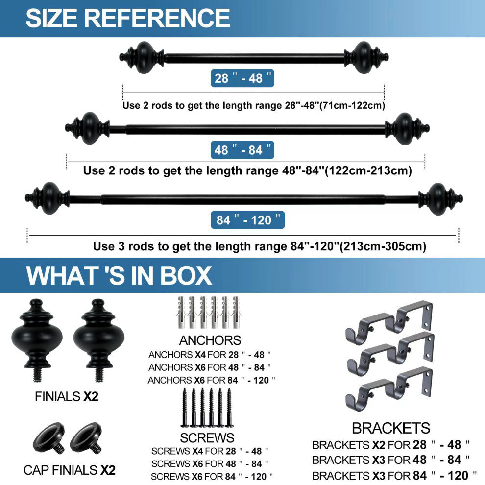 Round Urn Adjustable Double Curtain Rod Set, 5/8", Black, 48"-84"