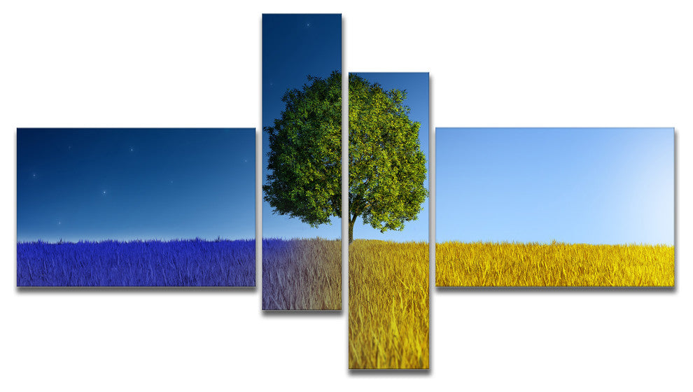 Tree in Night and Day, Landscape Canvas Art Print, 60"x32", 4 panels