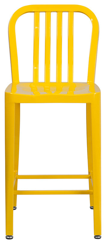 24" High Yellow Metal Indoor-Outdoor Counter Stool With Vertical Slat Back