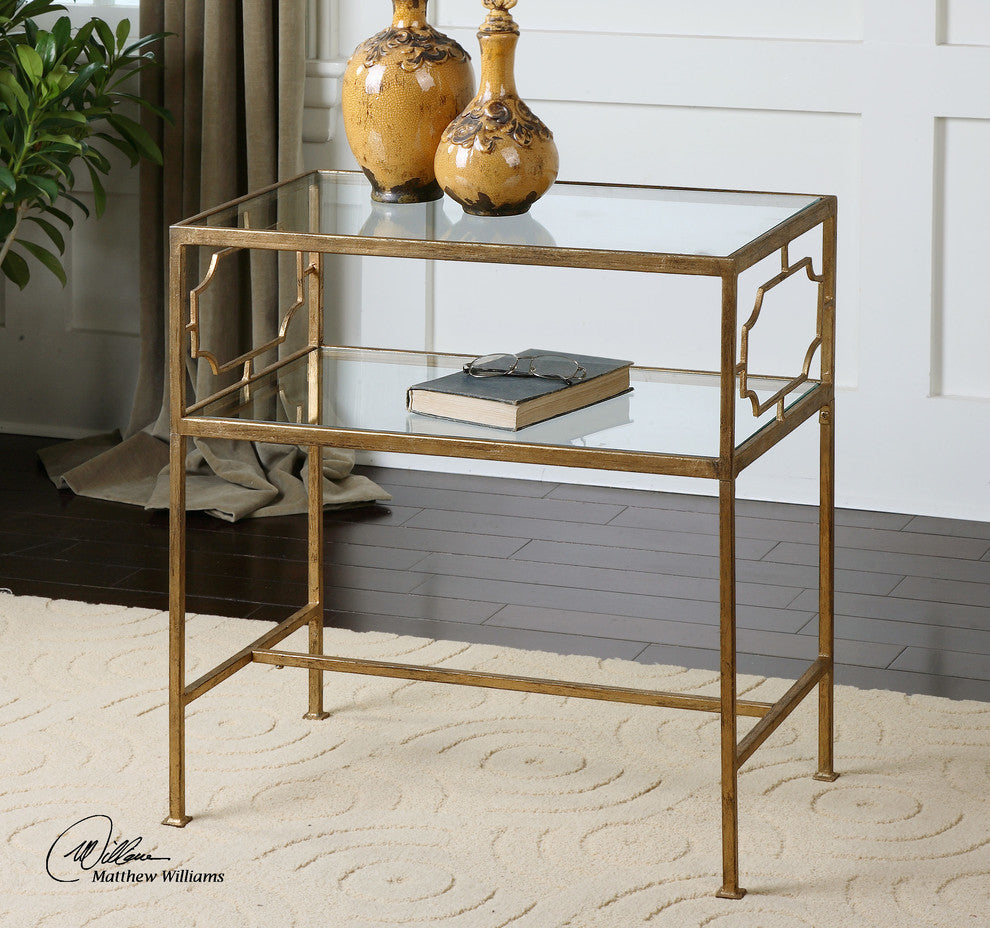 Luxe Contemporary Gold Iron Side Table With Glass Top
