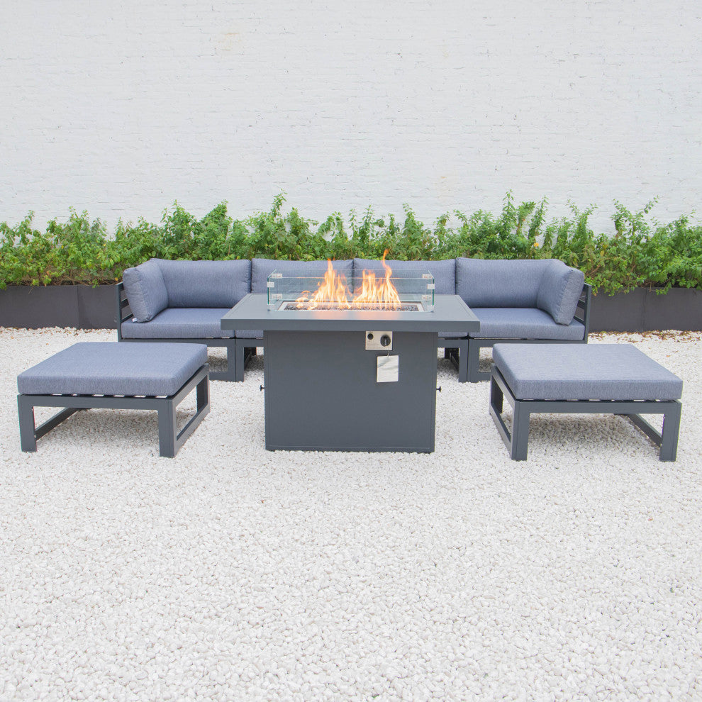LeisureMod Chelsea 7-Piece Outdoor Sectional With Fire Pit Table, Blue