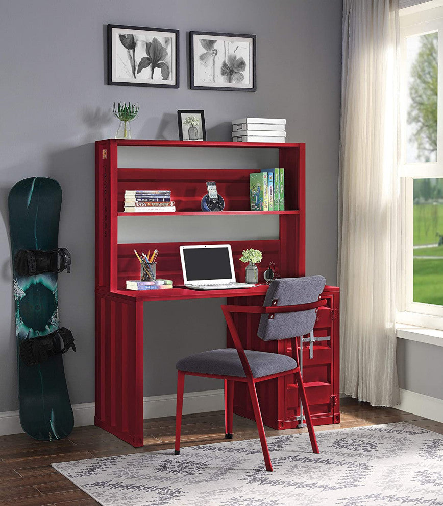 Unique Cargo Desk, Metal Frame With Integrated Hutch and Storage Cabinet, Red