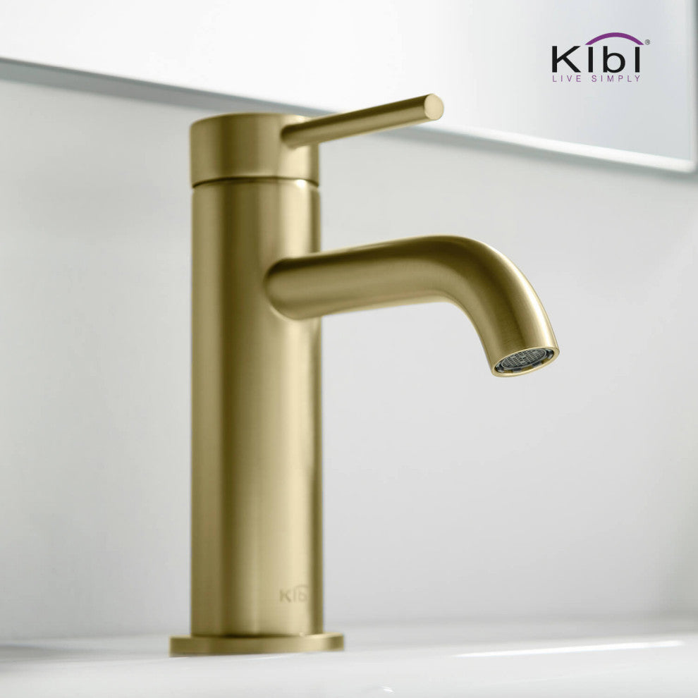 Circular Brass Single Handle Bathroom Faucet KBF1008, Brush Gold, with Drain
