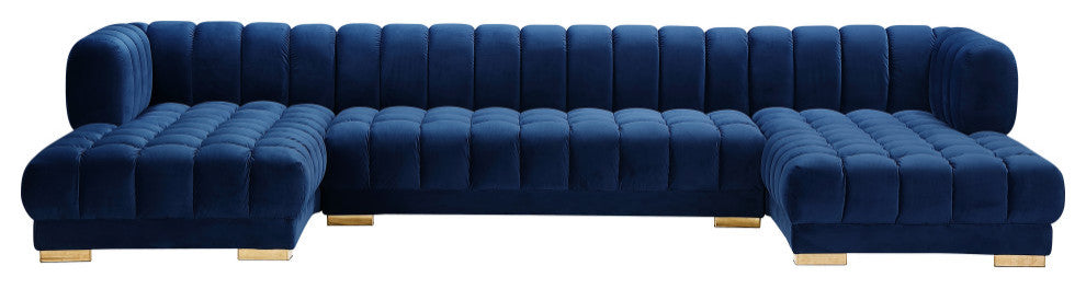 Gwen Biscuit Tufted Velvet Upholstered 3 Piece Sectional, Navy