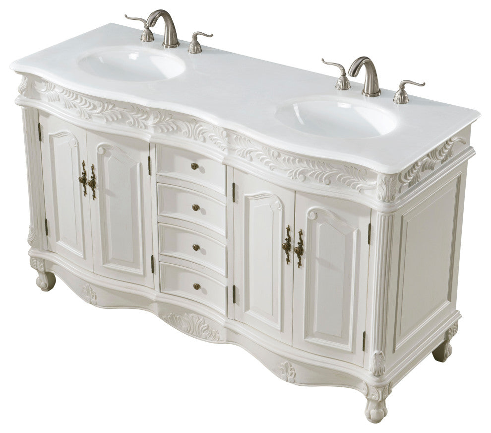 60" Double Bathroom Vanity, with Ivory White Engineered Marble in Antique White