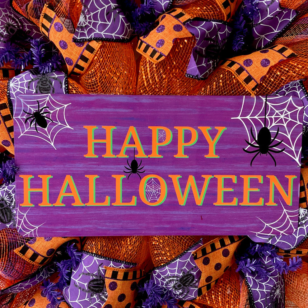 Happy Halloween Handmade Purple and Orange Deco Mesh Wreath