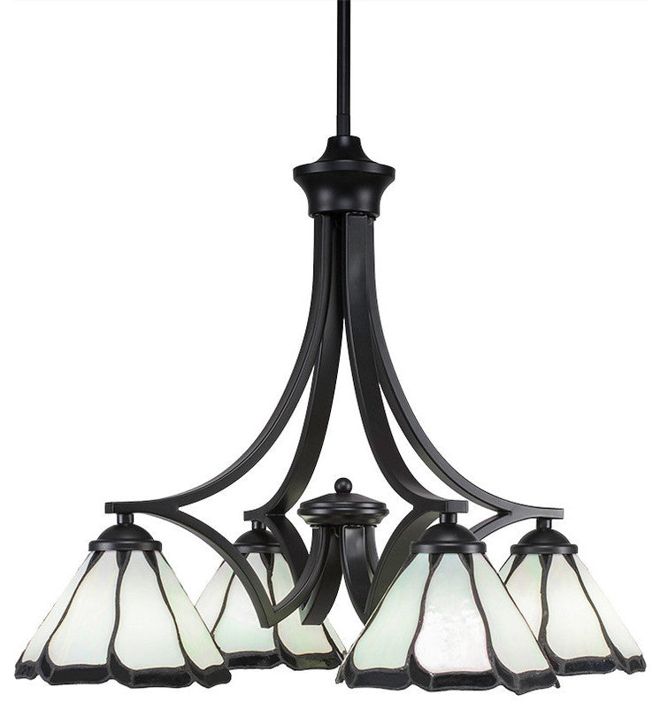 4 Light Chandelier, Matte Black Finish With Pearl And Black Flair Tiffany Glass