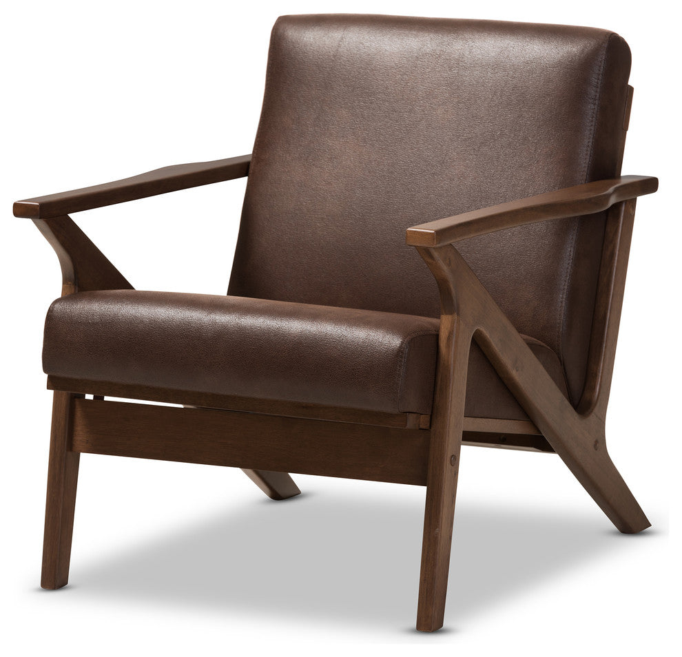 Bianca Walnut Wood Dark Brown Distressed Faux Leather Effect Lounge Chair