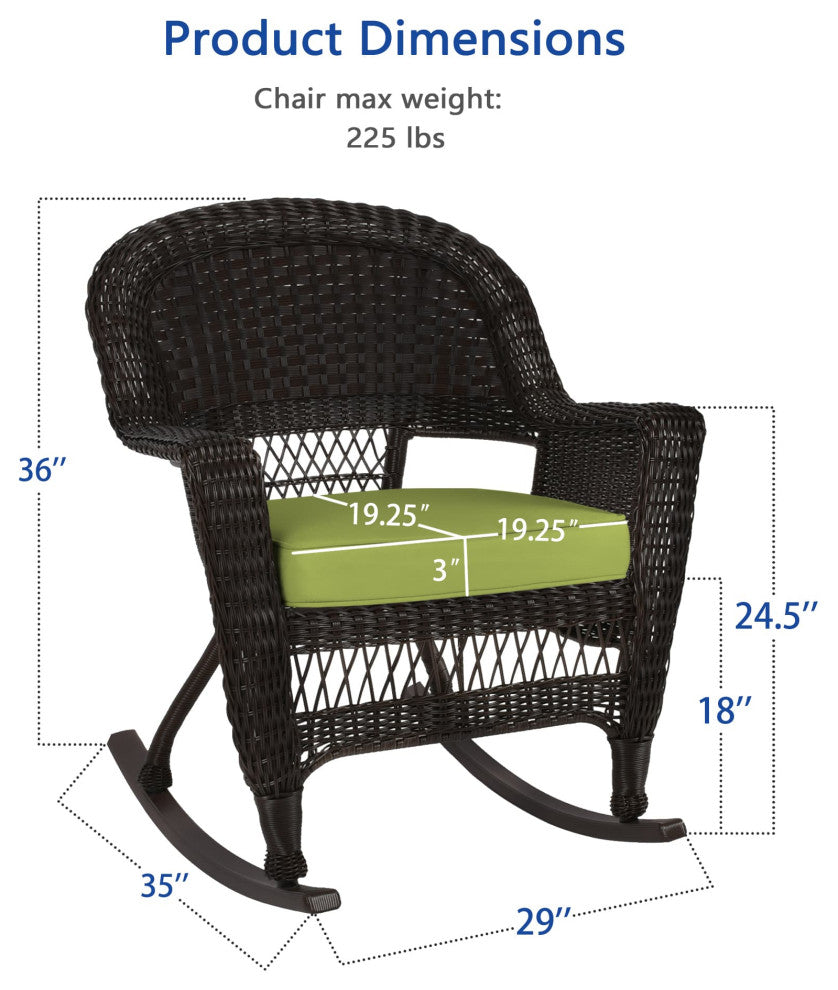 Jeco Rocker Wicker Chair in Espresso with Green Cushion (Set of 2)