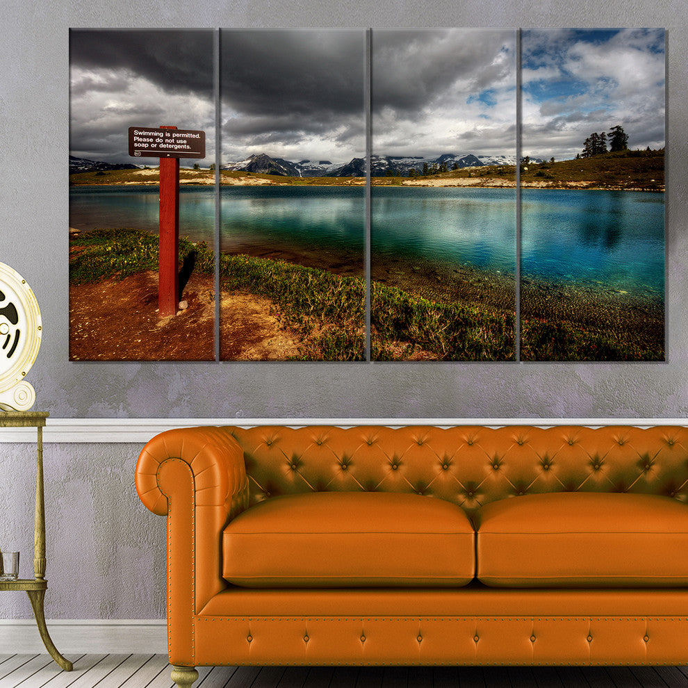 Azure Mountain Lake with Clouds, Landscape Canvas Print, 48"x28", 4 Panels