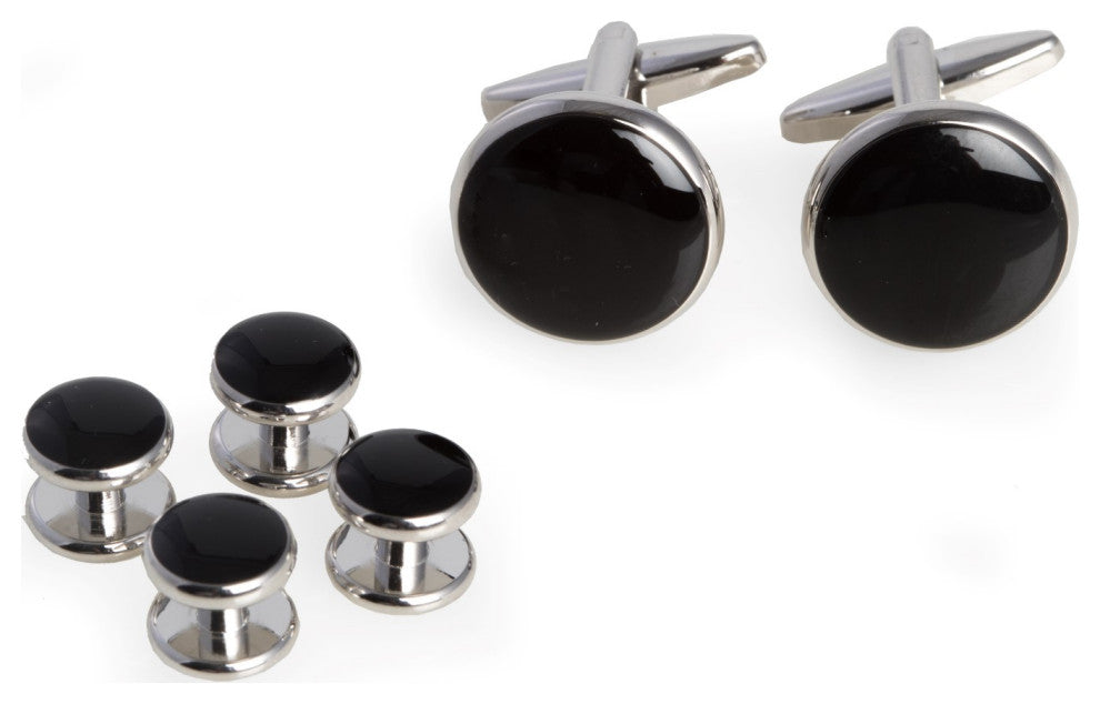 Black Enameled, Rhodium Plated Cufflinks and Studs Set