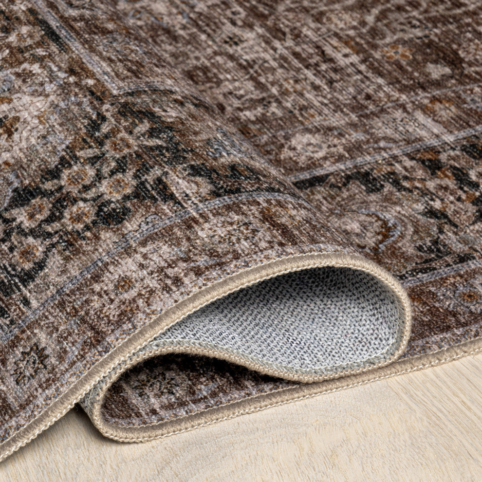 Bayberry Spill Proof Vintage Machine Washable Area Rug, Brown 3'x5'