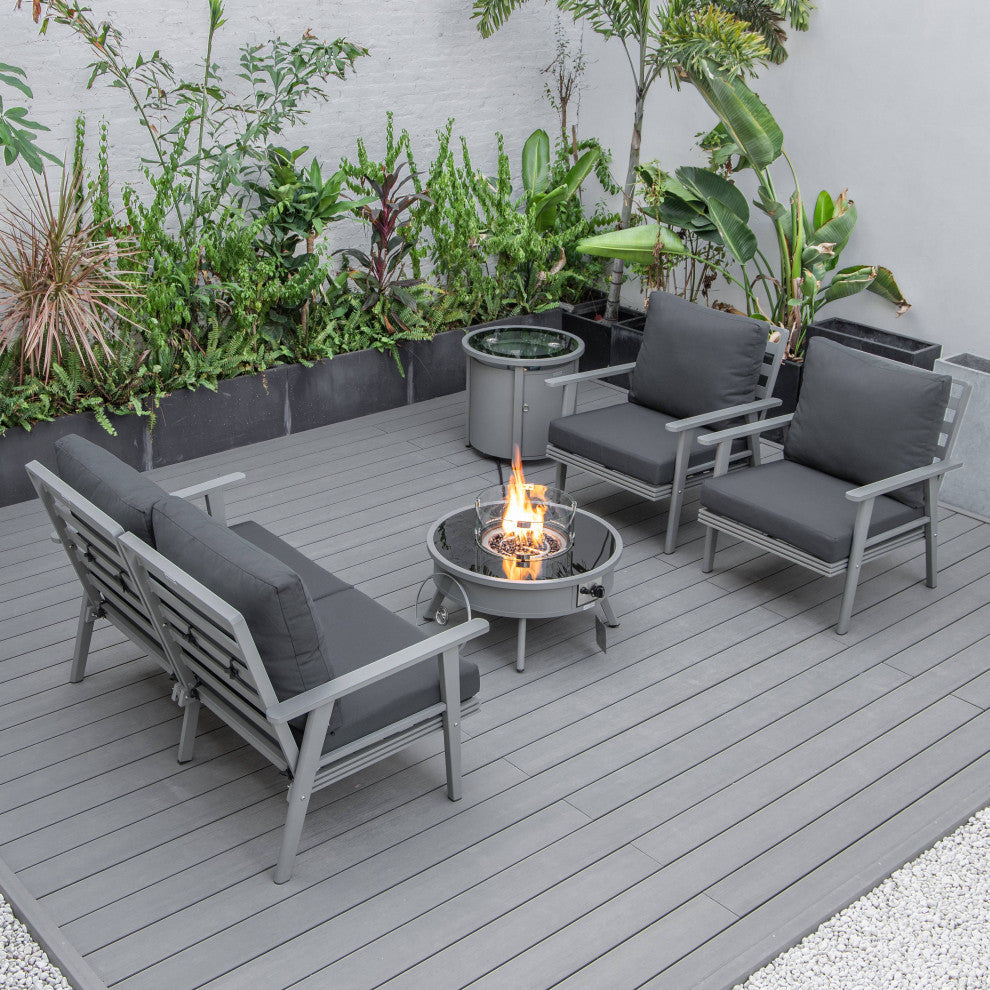 LeisureMod Walbrooke Grey Patio Sofa Set With Round Fire Pit Table, Charcoal