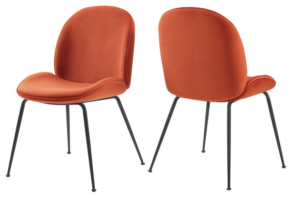 Scoop Black Powder Coated Steel Leg Velvet Dining Chairs Set of 2, Orange