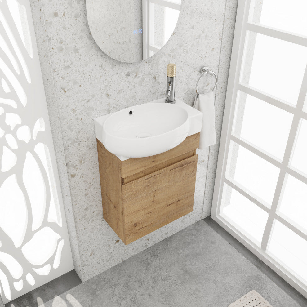 BNK 16 Inch Floating Bathroom Vanity With Sink, With 1 Soft Closing Door, Imitative Oak