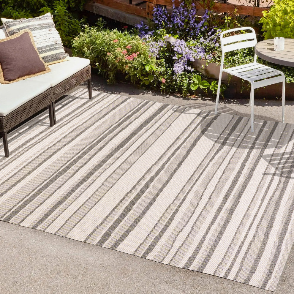 Castara Wavy Stripe Modern Indoor/Outdoor Area Rug, Cream/Dark Gray, 3x5