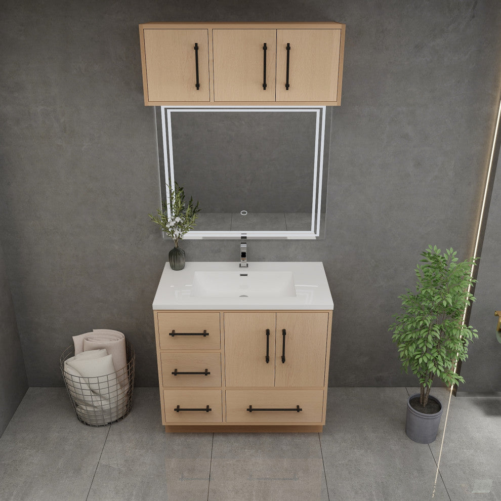 Victoria 36" Solid Wood Bath Vanity, Overhead Cabinet, Yellow Oak