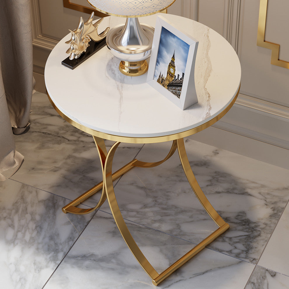 Modern Luxurious Round White Marble Stone Side Table X-Base End Table, White