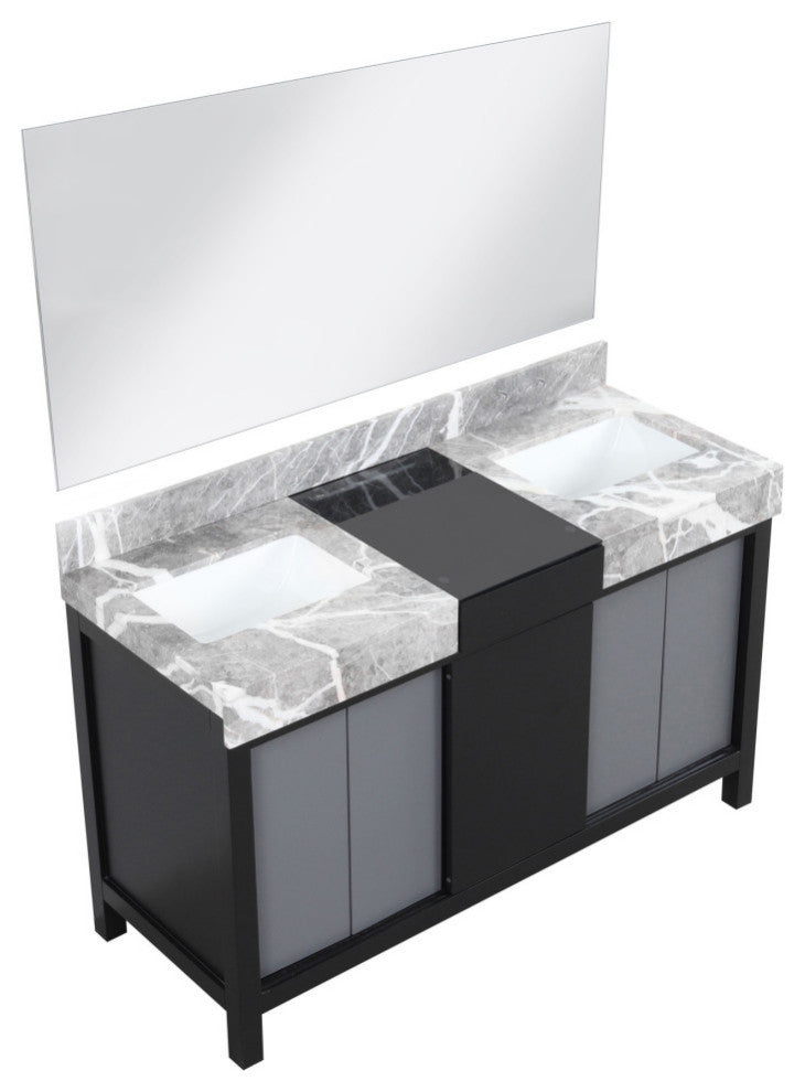 Zilara 55" Black and Grey Double Vanity, 53" Frameless Mirror