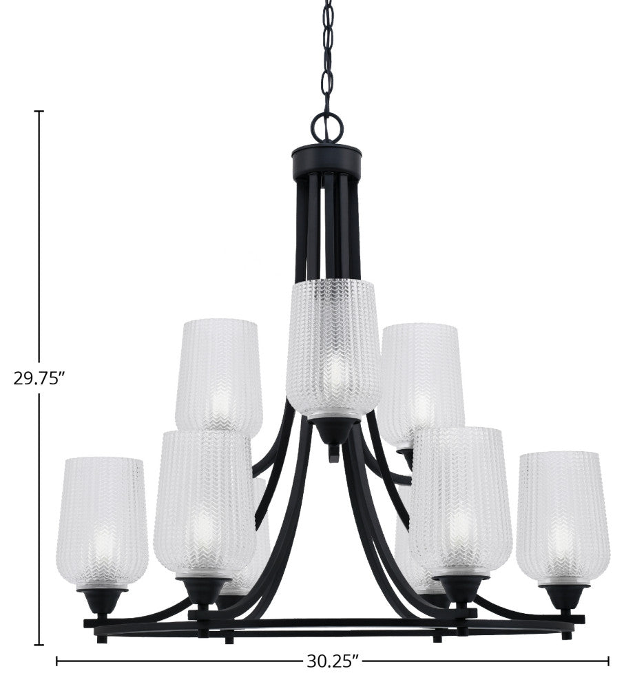 Paramount 9-Light Chandelier, Matte Black, 5" Clear Textured Glass