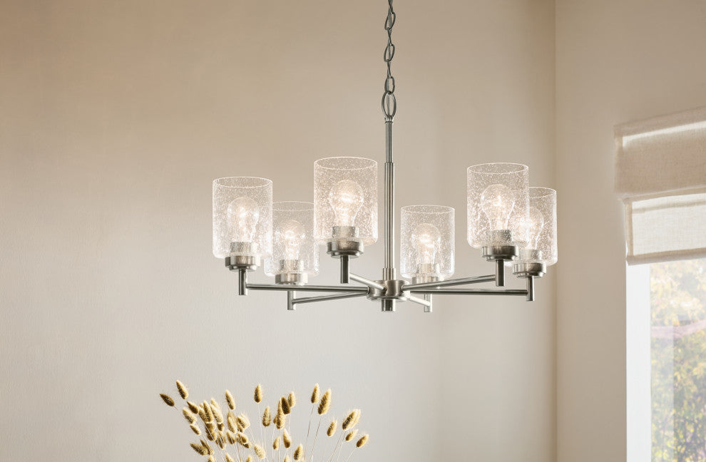 Winslow 26" 6 Light Chandelier With Clear Seeded Glass, Brushed Nickel