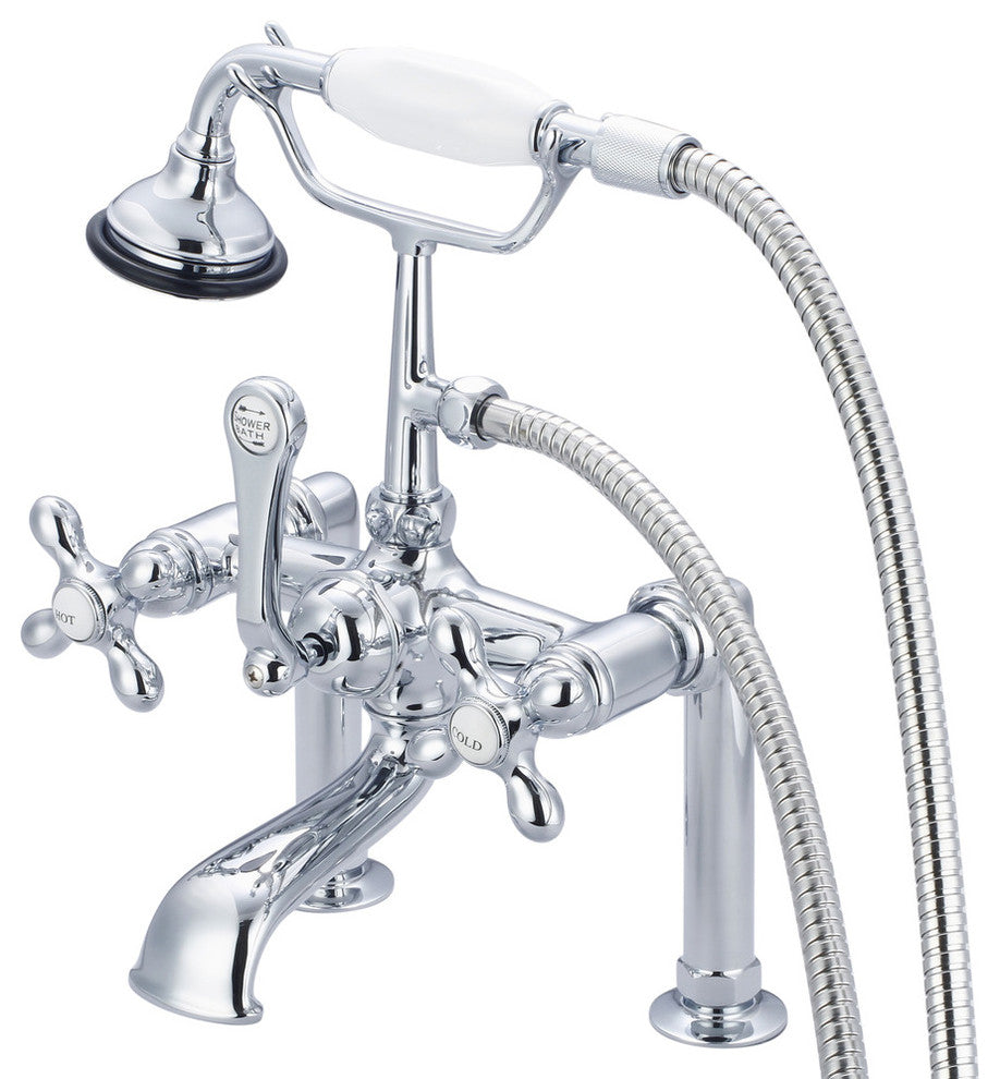 Vintage 7" Spread Deck Mount Tub Faucet w/6" Risers & Handshower, Cross handles