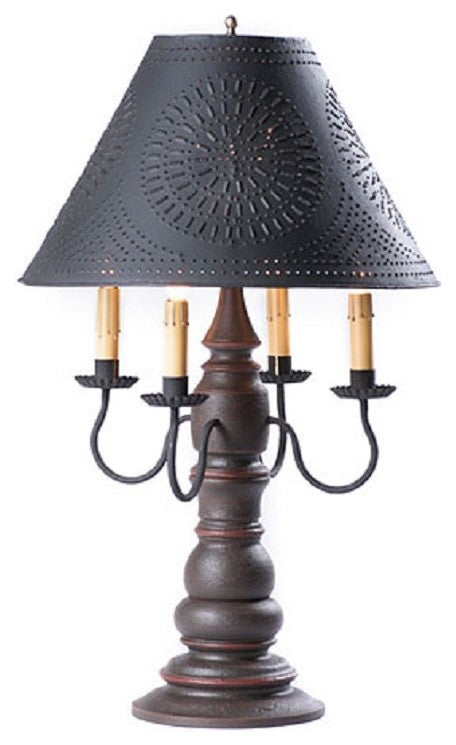 USA Handmade Wood Table Lamp Bradford With Punched Tin Shade, Espresso