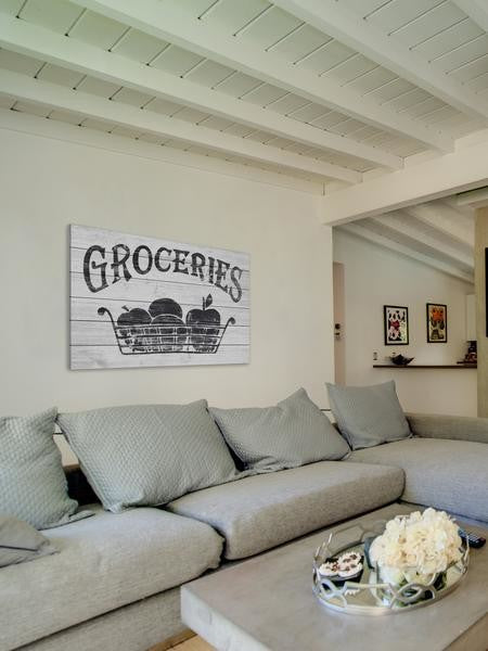 "Groceries Here" Painting Print on White Wood, 60"x40"