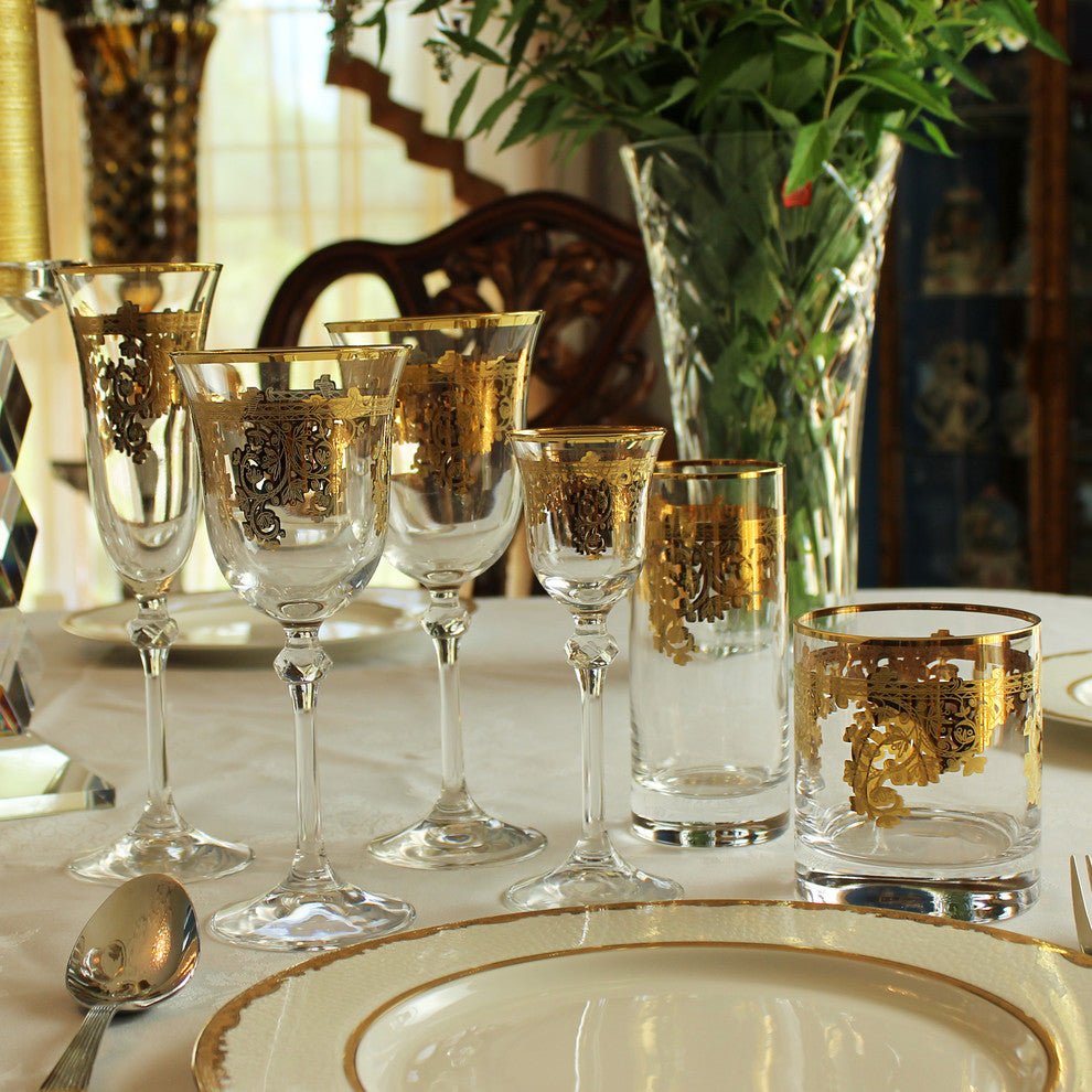 Set of 4 Embellished 24K Gold Crystal Double Old Fashion-Made In Italy