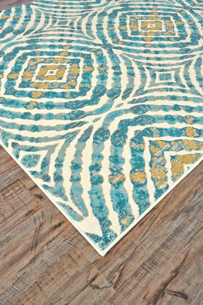 Weave & Wander Arsene Abstract Ikat Print Rug, Blue/Yellow, 8'9" Round